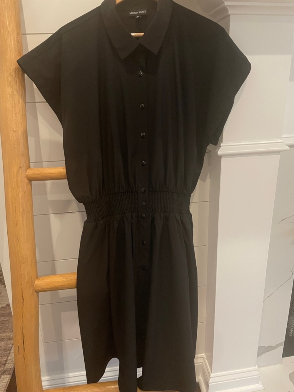 Modern Works smocked button-up shirtdress with short sleeves